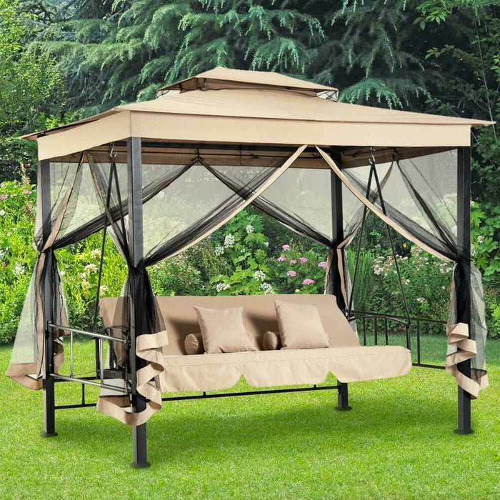 Dondolo Letto 3 posti con Gazebo Parasole e Zanzariera per Giardino 2.57mt Beige