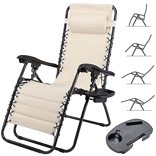 Sedia Poltrona Giardino Gravità Zero Pieghevole Acciaio Oxford con Vassoio Laterale Beige