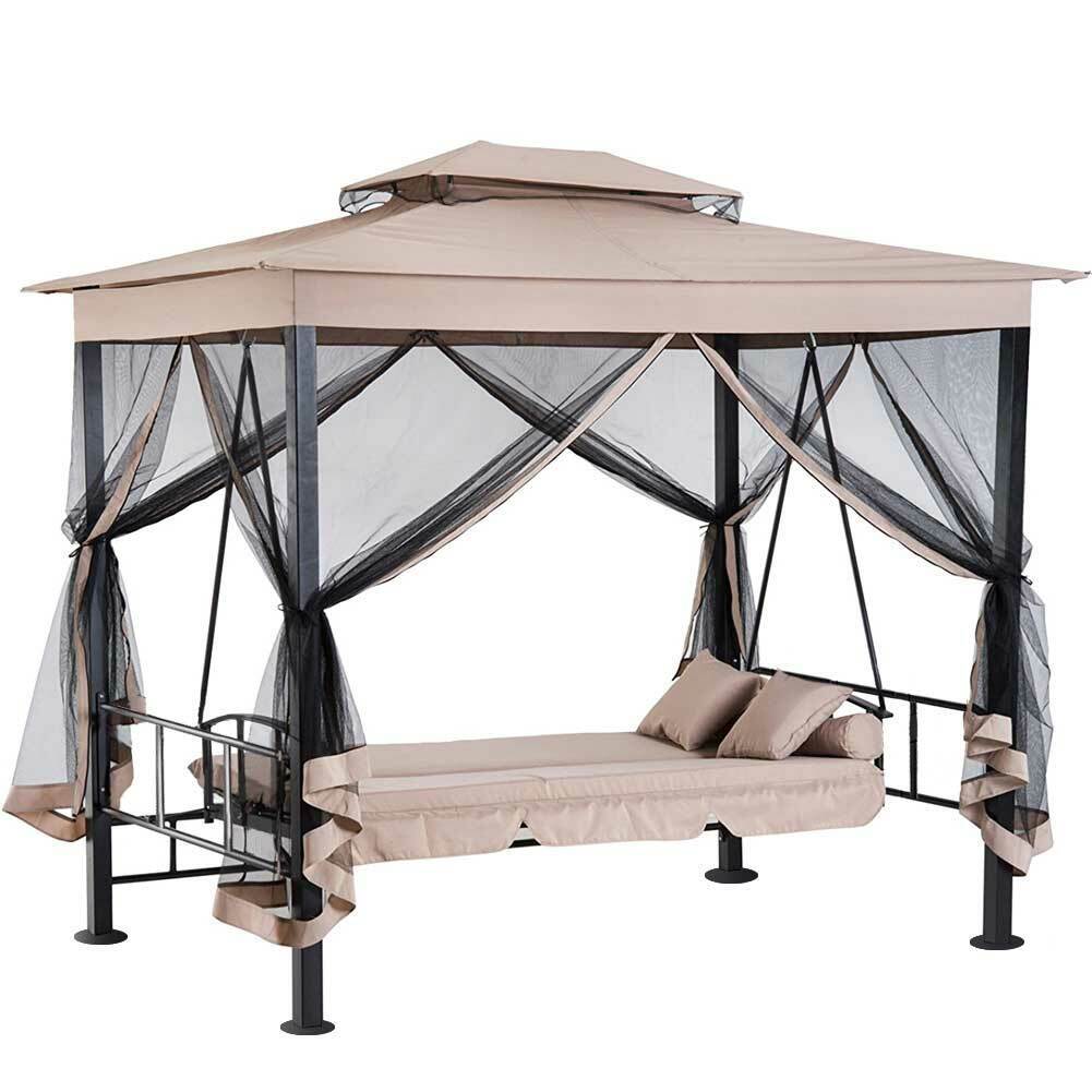 Dondolo Letto 3 posti con Gazebo Parasole e Zanzariera per Giardino 2.57mt Beige