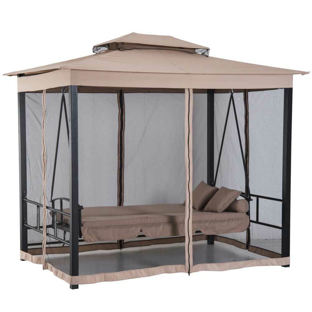Dondolo Letto 3 posti con Gazebo Parasole e Zanzariera per Giardino 2.57mt Beige
