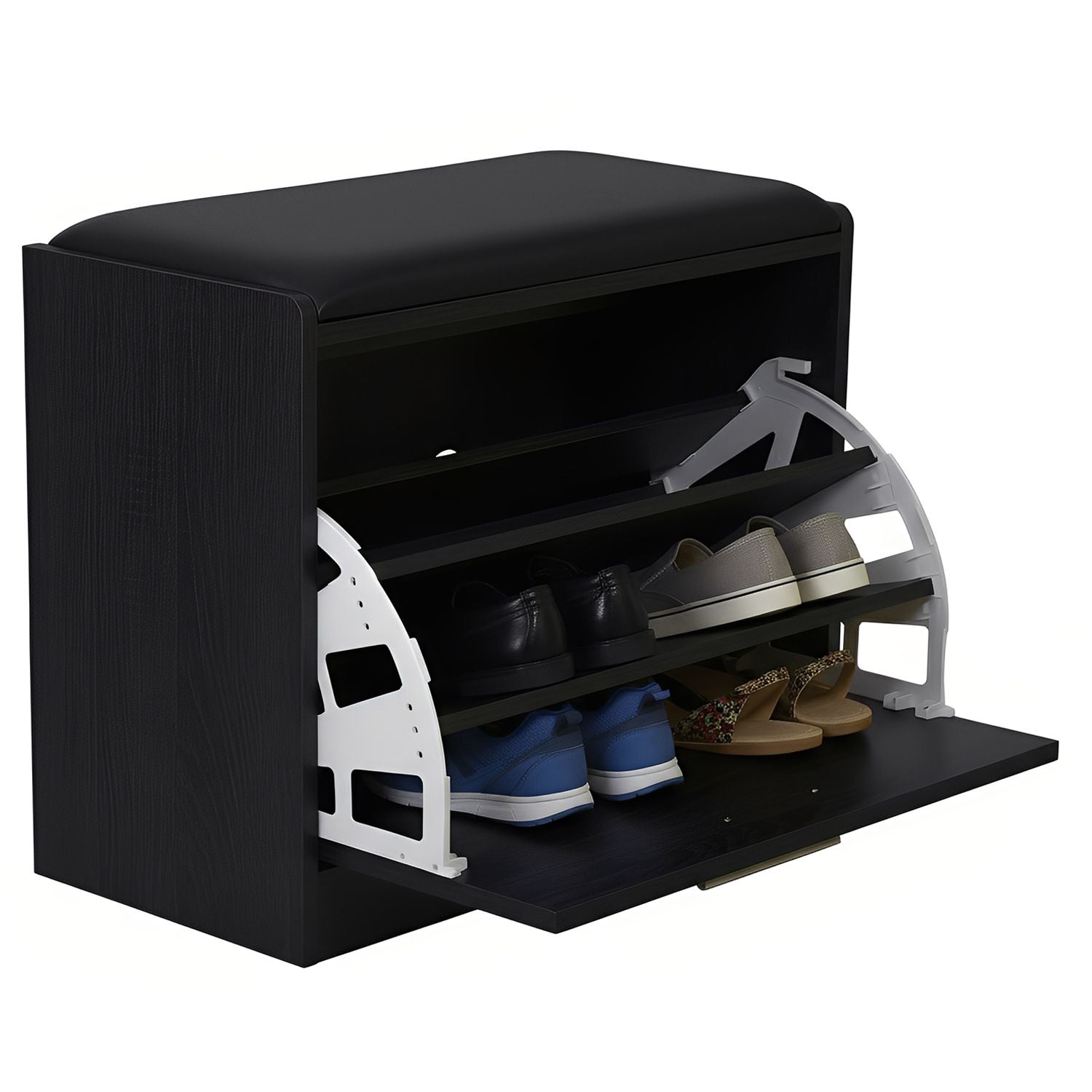 Marvin Scarpiera Panca da Ingresso Portascarpe Salvaspazio in Legno Seduta con Cuscino Anta a Ribalt Nero / Cuscino Nero