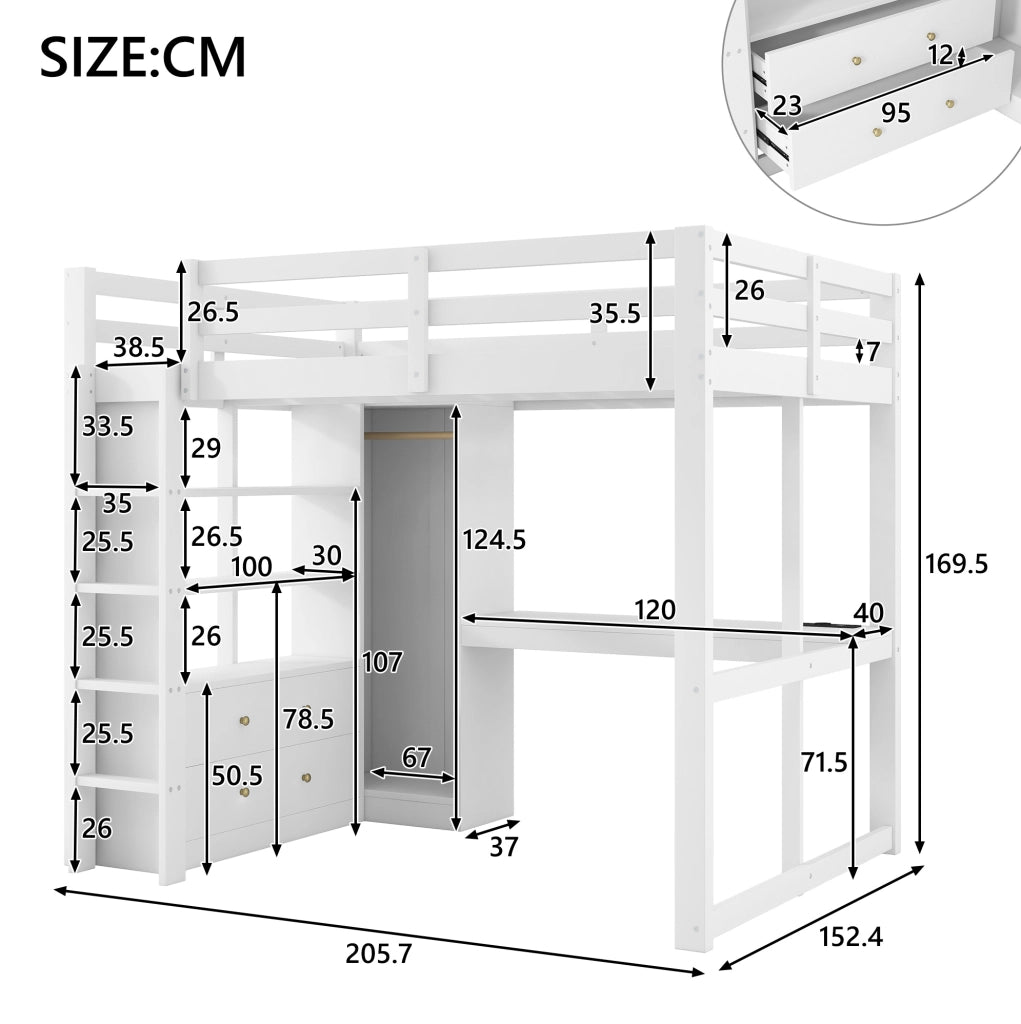 Letto a soppalco 140x200 bianco con scrivania, LED e armadio