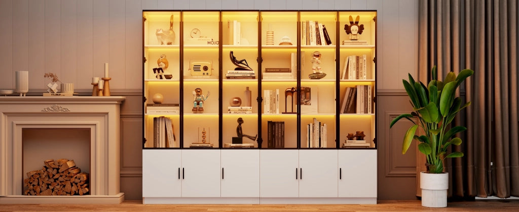 Vetrina alta con 12 ante in vetro e LED, 240x32x200 cm, armadio multifunzione in MDF bianco