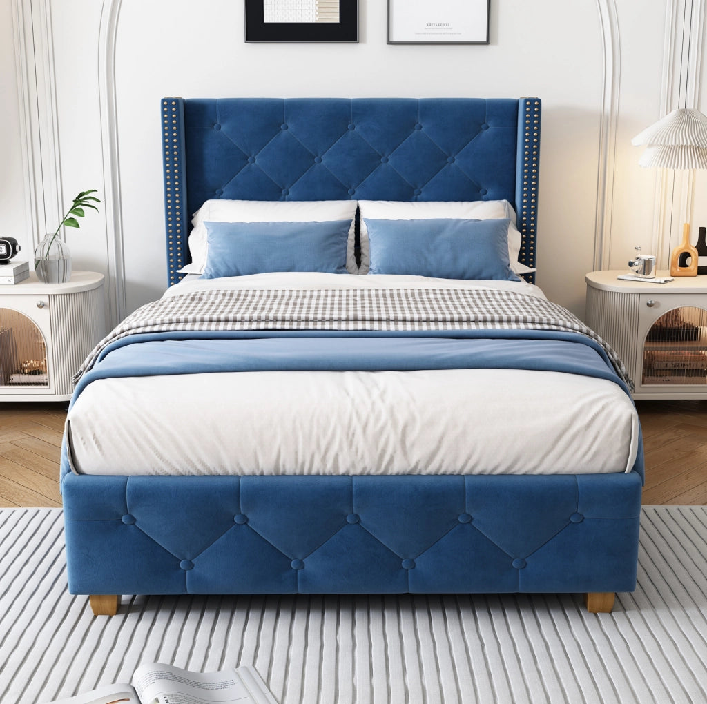 Letto imbottito 90x200 cm con testiera e rete; bottoni e borchie; velluto blu (Senza materasso)