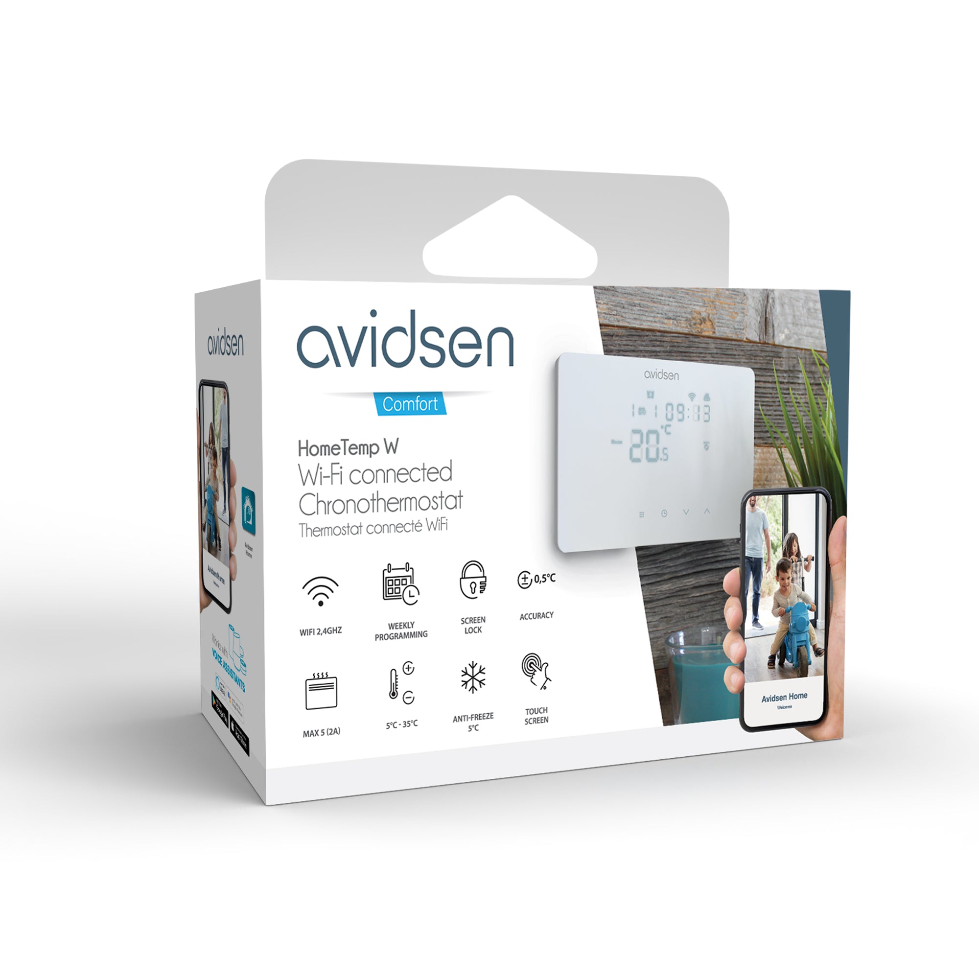 Termostato Wi-Fi Smart HomeTemp Programmabile bianco - Controlli Touch - Avidsen 127073