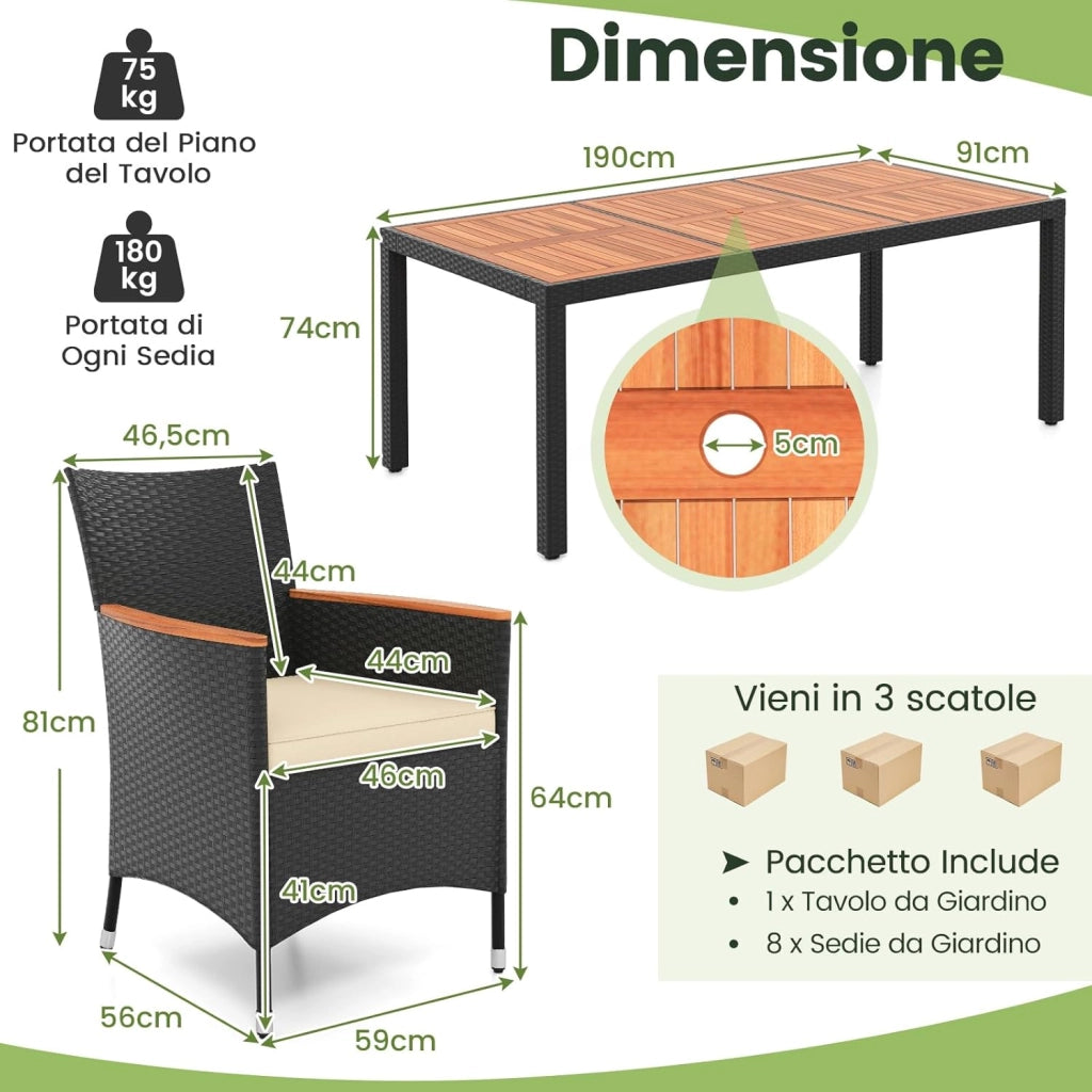 Set da Giardino 9 Pezzi in Rattan PE, Set Pranzo da Giardino con 1 Tavolo e 8 Sedie con Cuscini, Tavolo da Esterno con Piano in Legno di Acacia e Foro per Ombrellone, Naturale