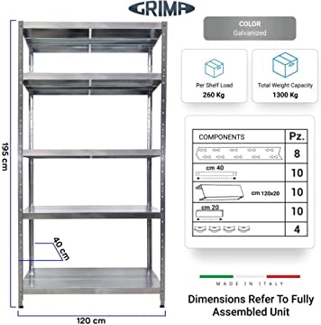 SCAFFALE IN METALLO MACISTE 120 X 40 X 195 H 5 PIANI KG 260 SENZA BULLONI