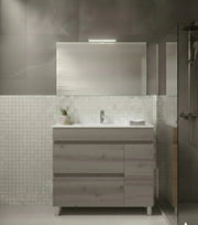 Mobile Bagno FENRIR Già Montato 2 cassetti e porta con piedini, lavabo e specchio Rovere affumicato 60x45 cm