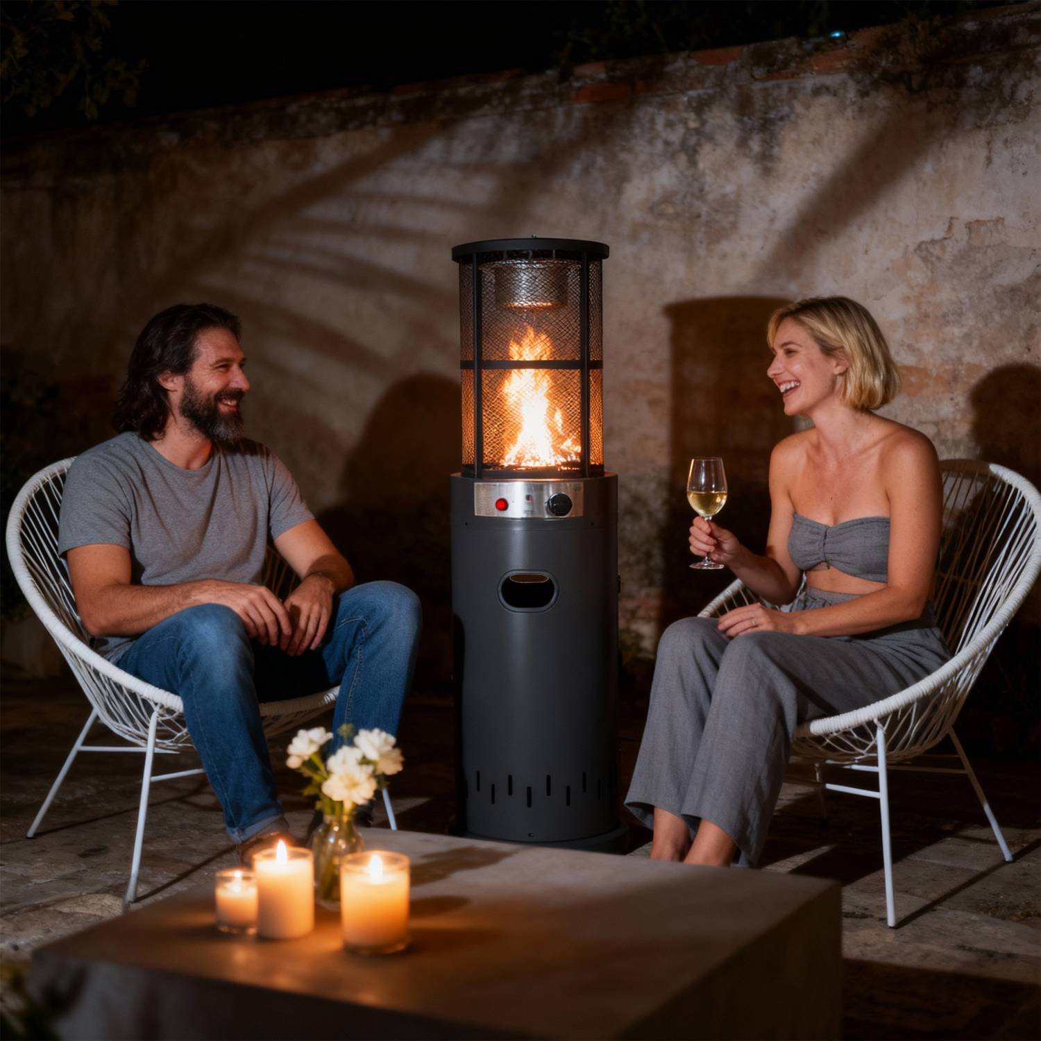 Stufa a Gas da Esterno Riscaldatore Gpl Portatile con Ruote FIRE GLASS Cilindro con Vetro per Terrazzo Patio Giardino Lo