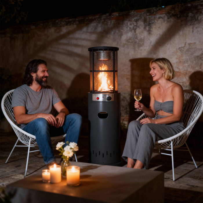 Stufa a Gas da Esterno Riscaldatore Gpl Portatile con Ruote FIRE GLASS Cilindro con Vetro per Terrazzo Patio Giardino Lo