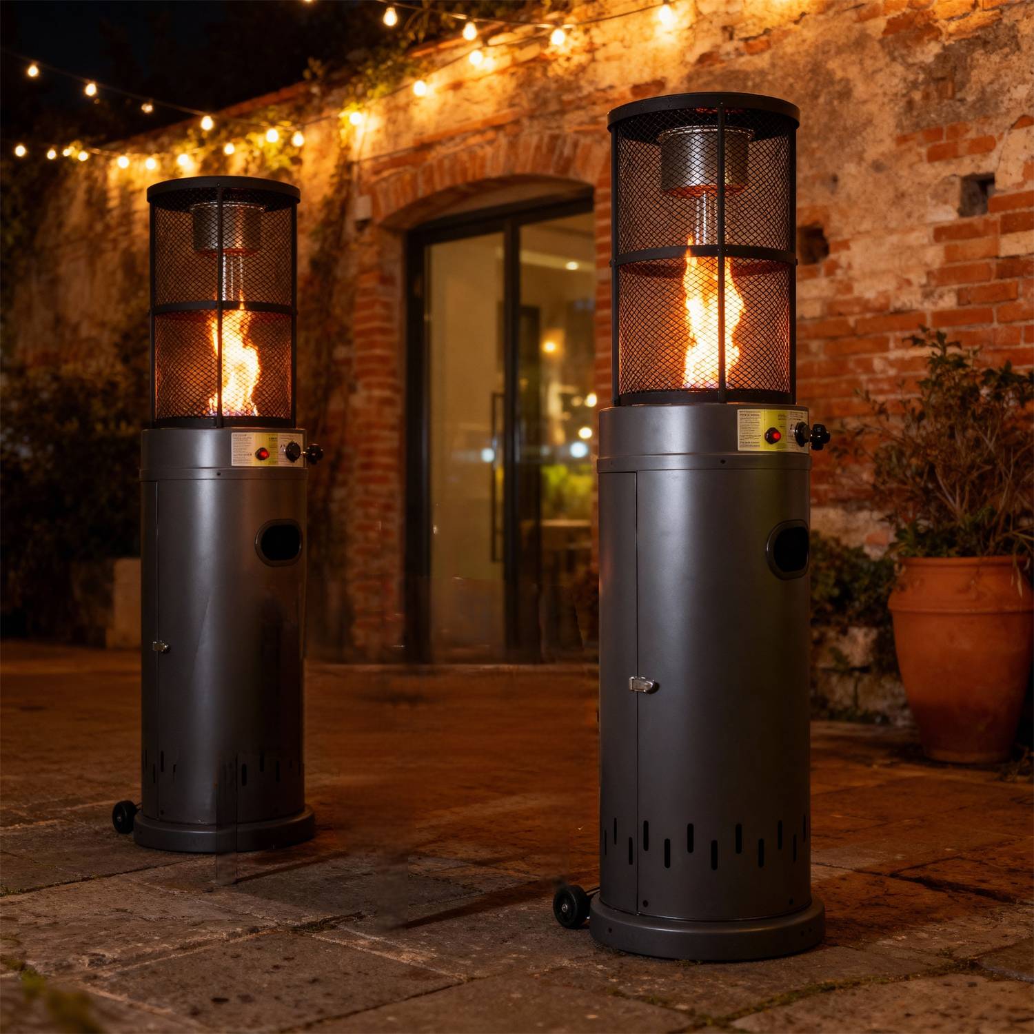 Stufa a Gas da Esterno Riscaldatore Gpl Portatile con Ruote FIRE GLASS Cilindro con Vetro per Terrazzo Patio Giardino Lo