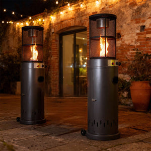 Stufa a Gas da Esterno Riscaldatore Gpl Portatile con Ruote FIRE GLASS Cilindro con Vetro per Terrazzo Patio Giardino Lo