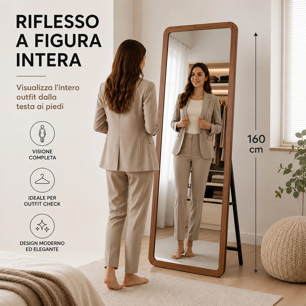 Specchio Doppia Installazione Rovere Parete o Indipendente Moderno 160x50 cm