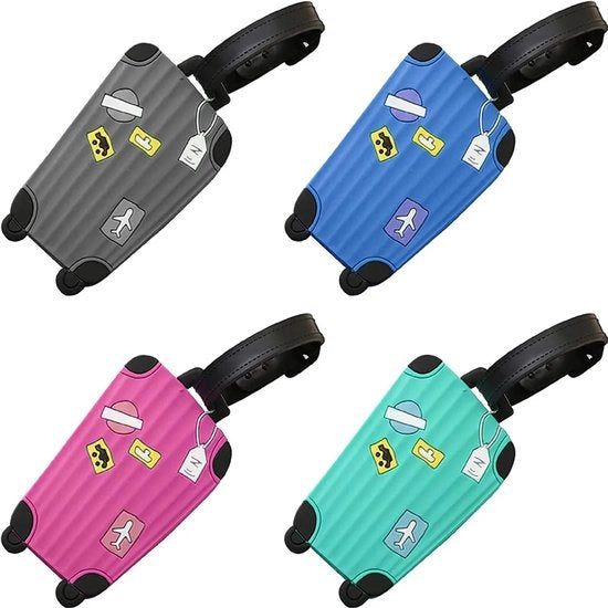 Set di 4 etichette di bagaglio in silicone, etichette di bagaglio a cartoni colorate con etichette di indirizzo, possono identificare la bagaglio in scomparto e prevenire la perdita di bagaglio (azzurro chiaro, rosa, blu, grigio).