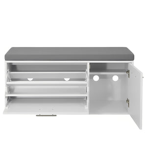 Marvin Scarpiera Panca da Ingresso con Anta Contenitore – Portascarpe Salvaspazio in Legno con Bianco / Cuscino Grigio