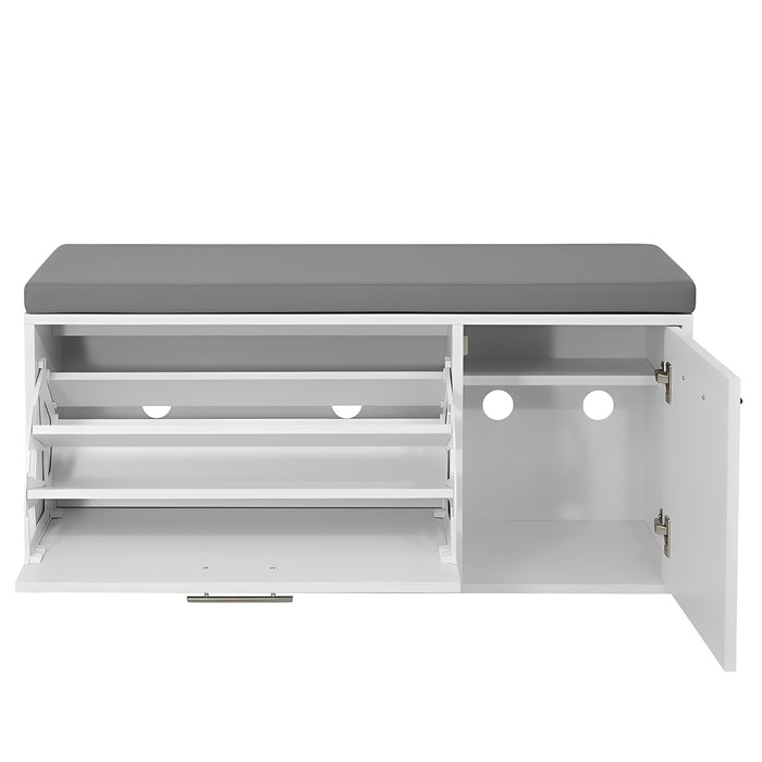 Marvin Scarpiera Panca da Ingresso con Anta Contenitore – Portascarpe Salvaspazio in Legno con Bianco / Cuscino Grigio