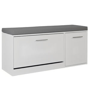 Marvin Scarpiera Panca da Ingresso con Anta Contenitore – Portascarpe Salvaspazio in Legno con Bianco / Cuscino Grigio
