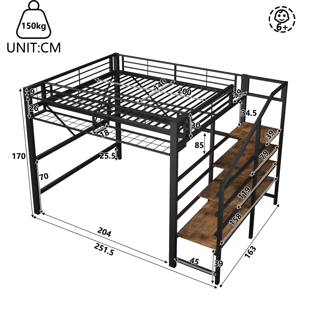LETTO a soppalco 140x200 cm in metallo e MDF nero con scala e LED