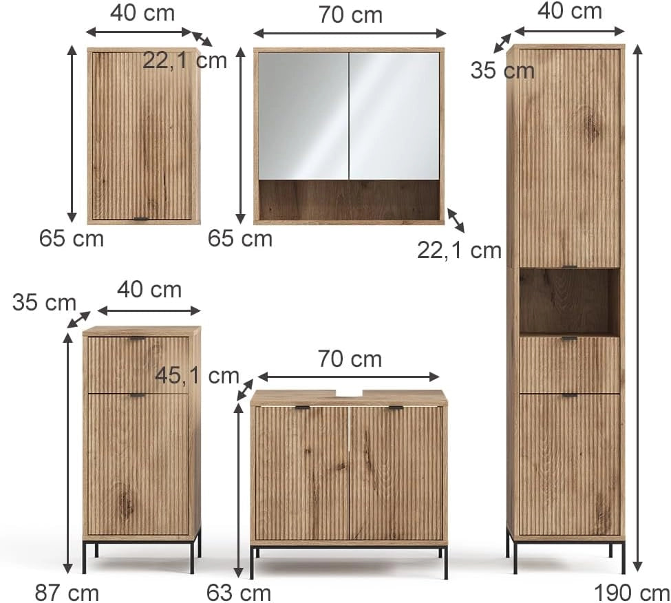 Set di mobili da bagno Eliza, Quercia vichinga, 70 cm, composto da mobile sottolavabo, specchiera, colonna, base media e pensile