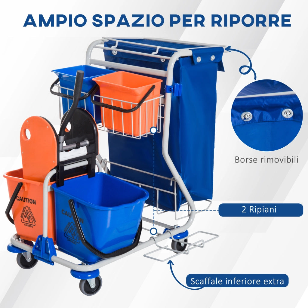 EasyComfort Carrello Pulizie Professionale con Sacco per Immondizia, 2 Secchi Lavapavimenti 18L, 2 Secchio Portaoggetti 6L, Strizzatore per Mocio, Gancio e Ruote per Hotel e Albergo, 93x80x97 cm, Arancione
