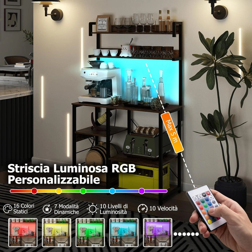 Scaffale da Cucina con Multipresa, Supporto per Microonde a 5 Ripiani con Luci LED, Mensole Portaoggetti, Scaffale Multifunzionale per Cucina Soggiorno Bar, 90 x 40,5 x 147 cm