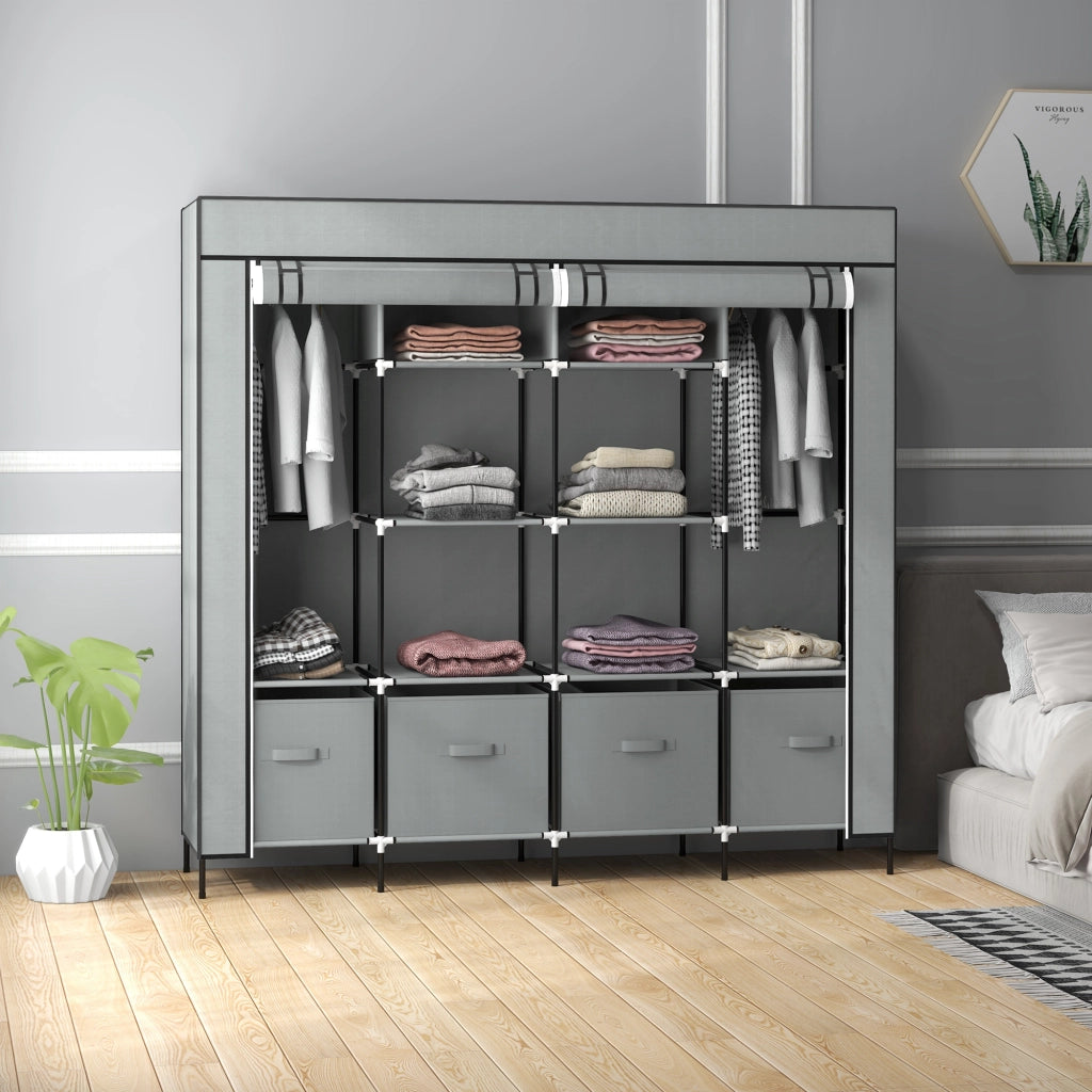 Armadio con 2 aste appendiabiti, 4 cassetti in tessuto e 10 vani, grigio scuro, per camera da letto, 166 × 42,5 × 169,5 cm