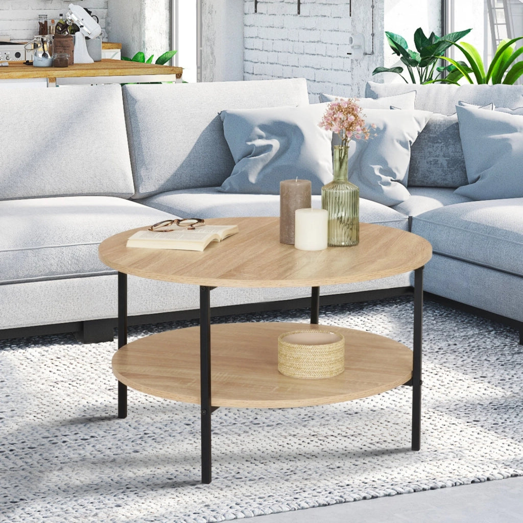 IDMarket - DETROIT mesa de centro redonda de doble tablero, 70 cm, diseño industrial