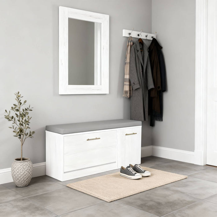 Marvin Scarpiera Panca da Ingresso con Anta Contenitore – Portascarpe Salvaspazio in Legno con Bianco / Cuscino Grigio