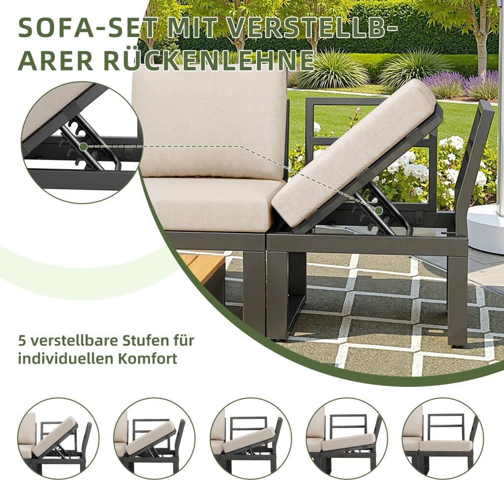 Set Divano Angolare da Giardino 6 pezzi con Tavolino ¨C MINIMAL ¨C Acciaio, Cuscini Grigio/Beige, Schienale Regolabile