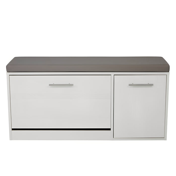 Marvin Scarpiera Panca da Ingresso con Anta Contenitore – Portascarpe Salvaspazio in Legno con Bianco / Cuscino Grigio
