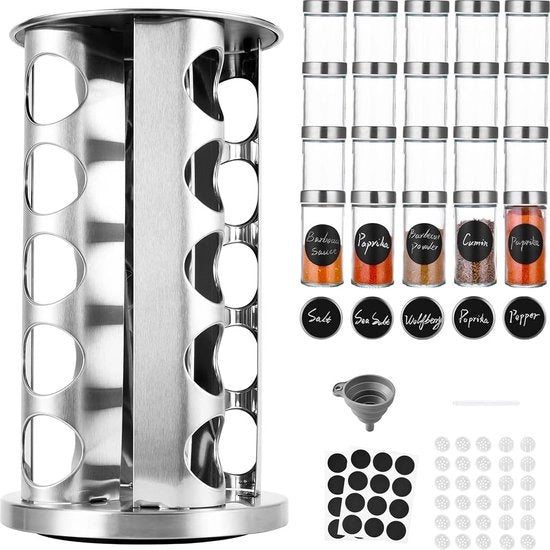 Kruidencarrousel con 20 contenitori per erbe, rotativo 360 gradi, acciaio inossidabile, contenitore per erbe in argento, carrello per erbe per il mantenimento, carrello per erbe in piedi con etichetta per erbe, pennello.