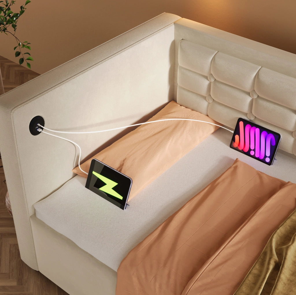 Divano letto 90x200 cm in velluto beige con vano contenitore idraulico e ricarica USB/Type-C