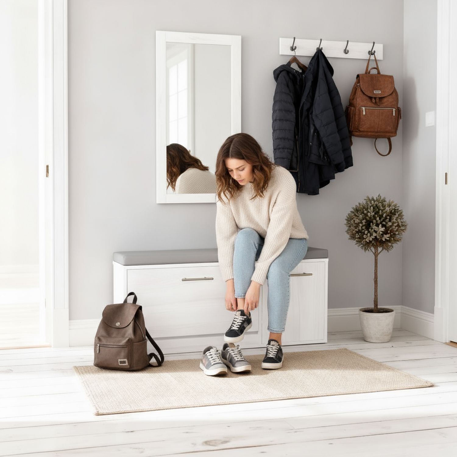 Marvin Scarpiera Panca da Ingresso con Anta Contenitore – Portascarpe Salvaspazio in Legno con Bianco / Cuscino Grigio