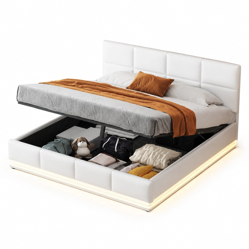 Letto imbottito 160x200 cm con LED e contenitore in similpelle bianco