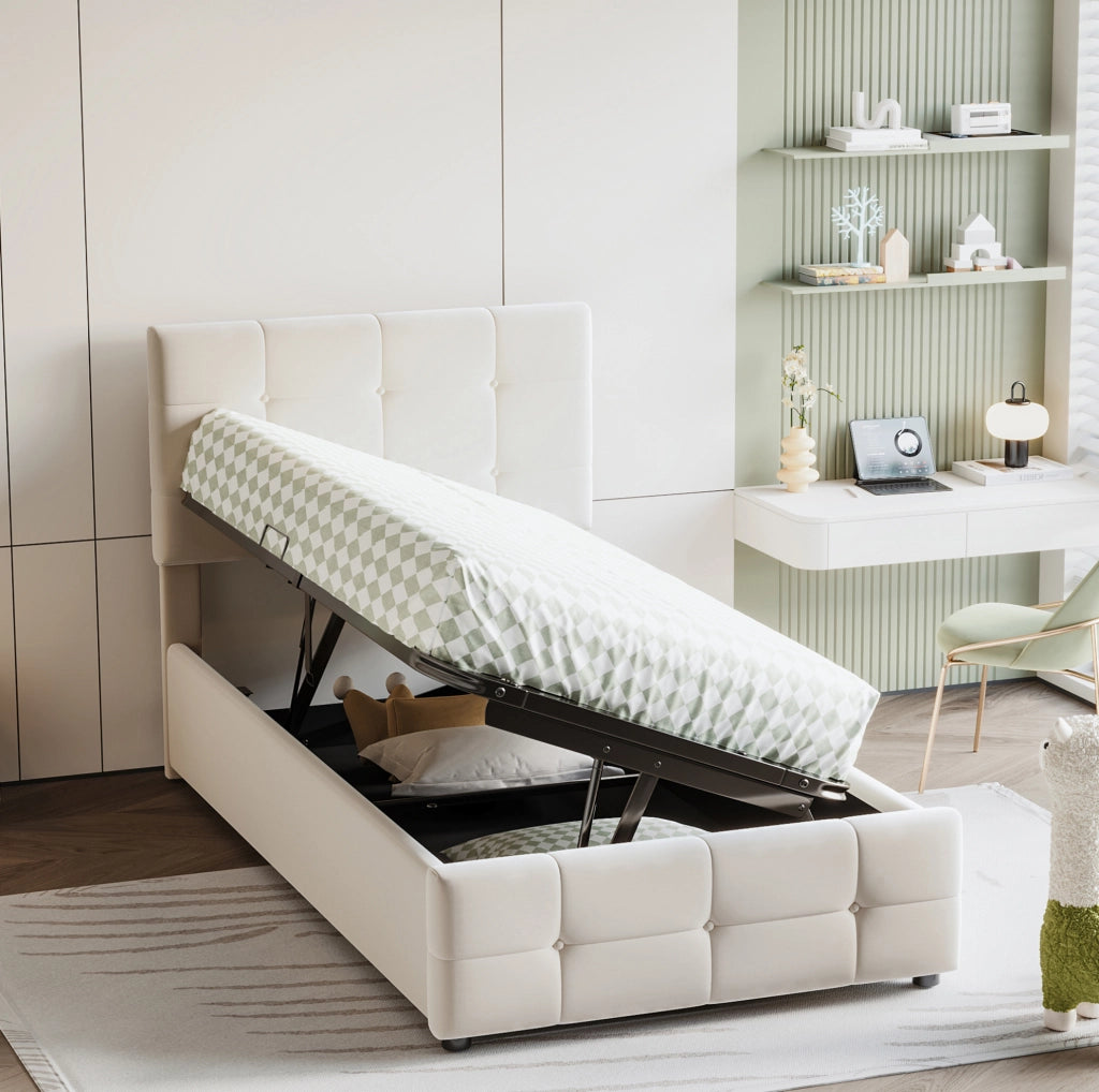 Letto imbottito per bambini 90x200 cm con contenitore; testiera regolabile; velluto beige