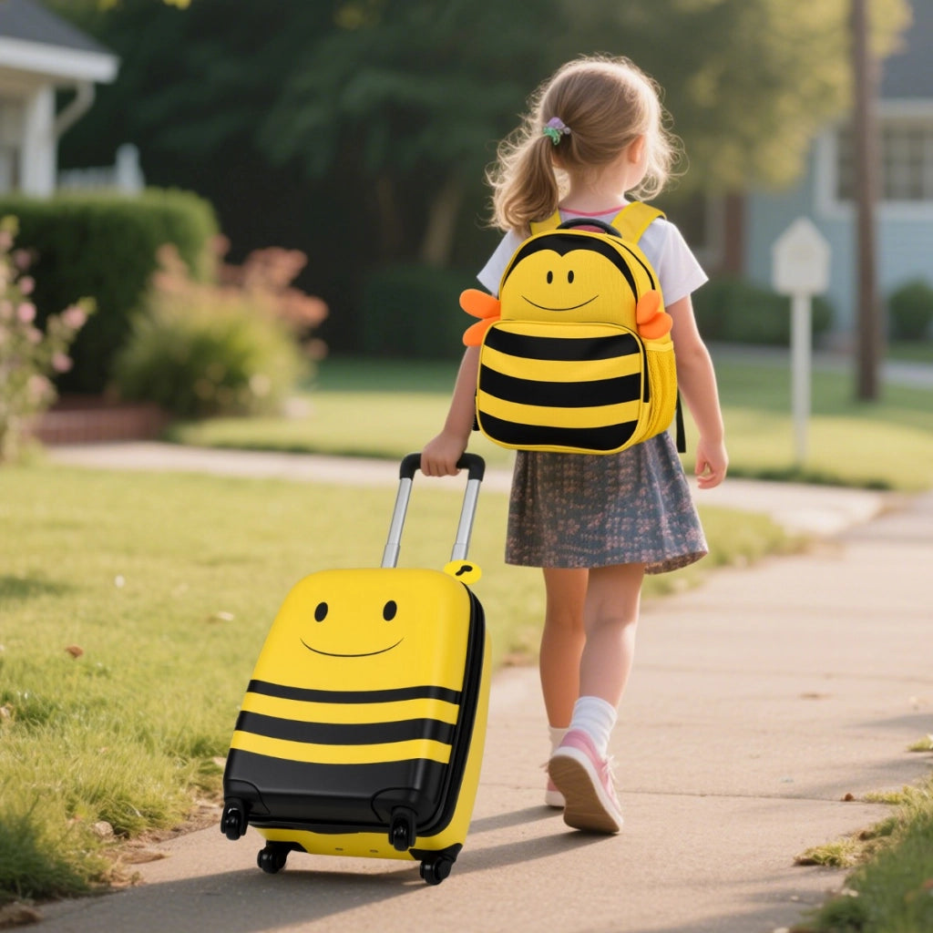 Valigia e zaino a forma di ape con corda anti-perdita asta retrattile da compagnia aerea, Set di 2 valigie per bambini con ruote Giallo