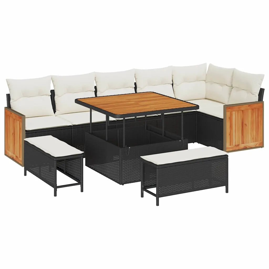 Set Divano da Giardino con cuscino 9 pcs Nero e Crema
