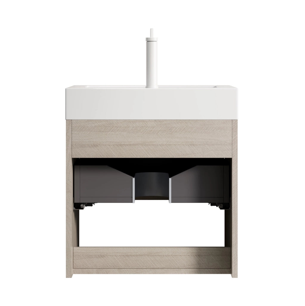 Mobile sottolavabo con lavabo in resina, 1 cassetto e vano aperto, per bagno, rovere chiaro bianco, 55 × 46 × 60 cm