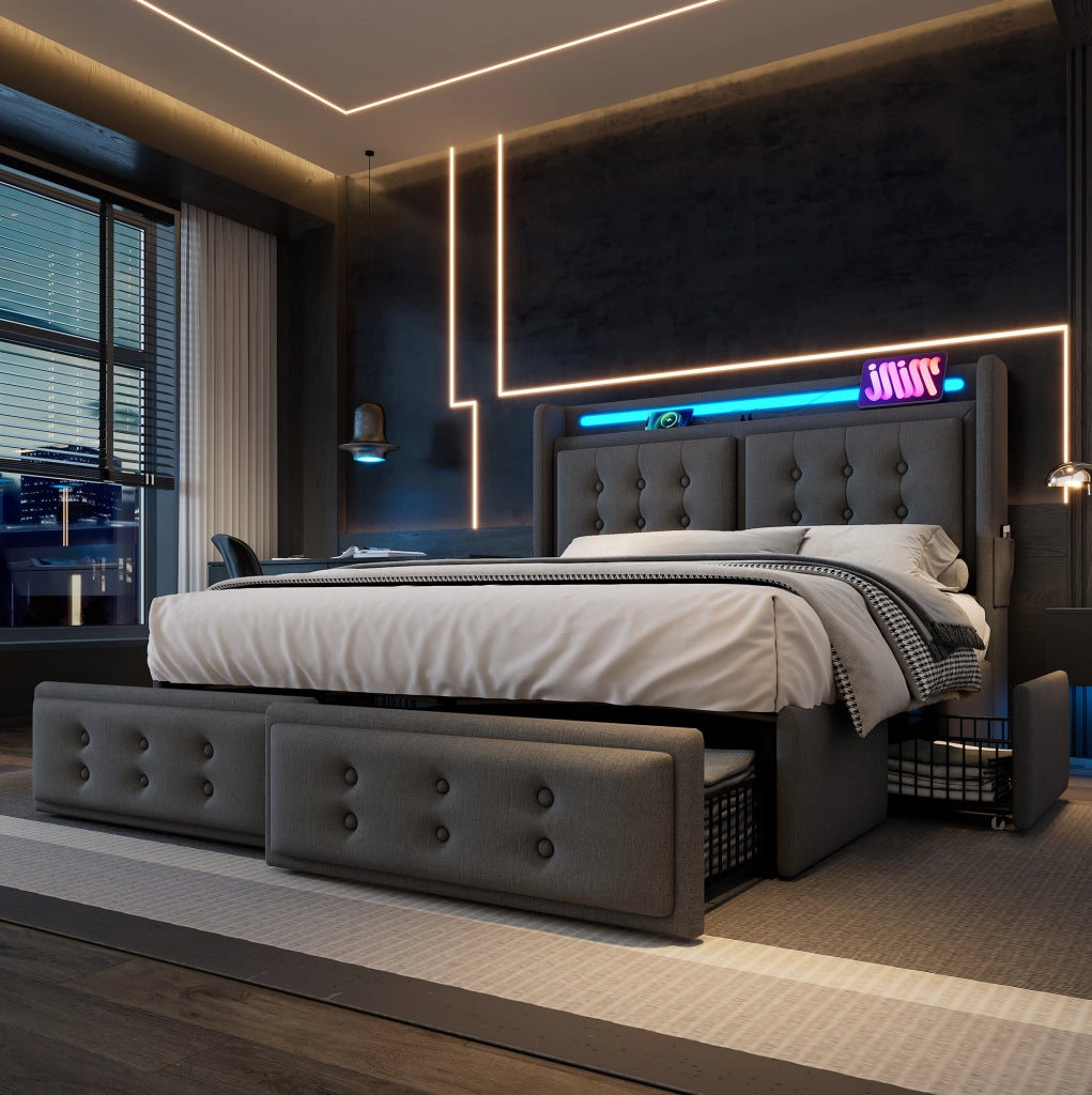 Letto imbottito 180x200 cm con LED; ricarica e 4 cassetti in cotone lino grigio