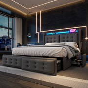 Letto imbottito 180x200 cm con LED; ricarica e 4 cassetti in cotone lino grigio