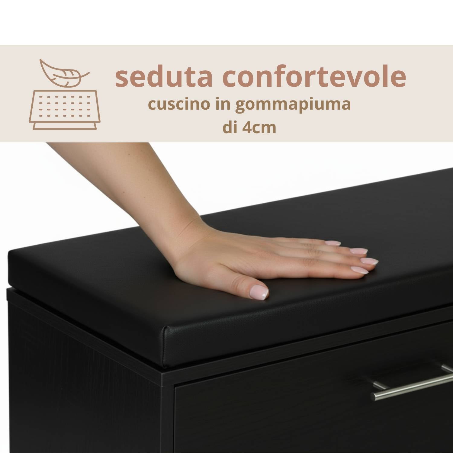 Marvin Scarpiera Panca da Ingresso con Anta Contenitore – Portascarpe Salvaspazio in Legno con Cus Nero / Cuscino Nero