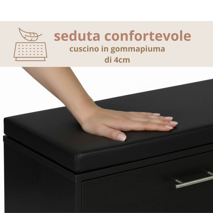 Marvin Scarpiera Panca da Ingresso con Anta Contenitore – Portascarpe Salvaspazio in Legno con Cus Nero / Cuscino Nero