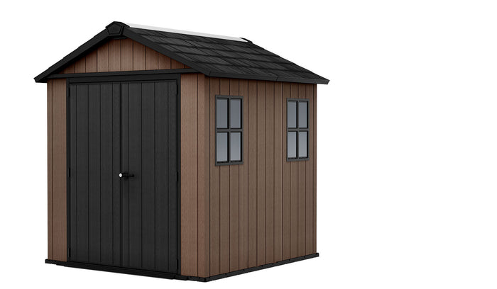 Casetta Box da Giardino 230x223,8x246 cm Newton Plus 757/775 Doppia Opzione Montaggio in Resina Evotech+ Marrone