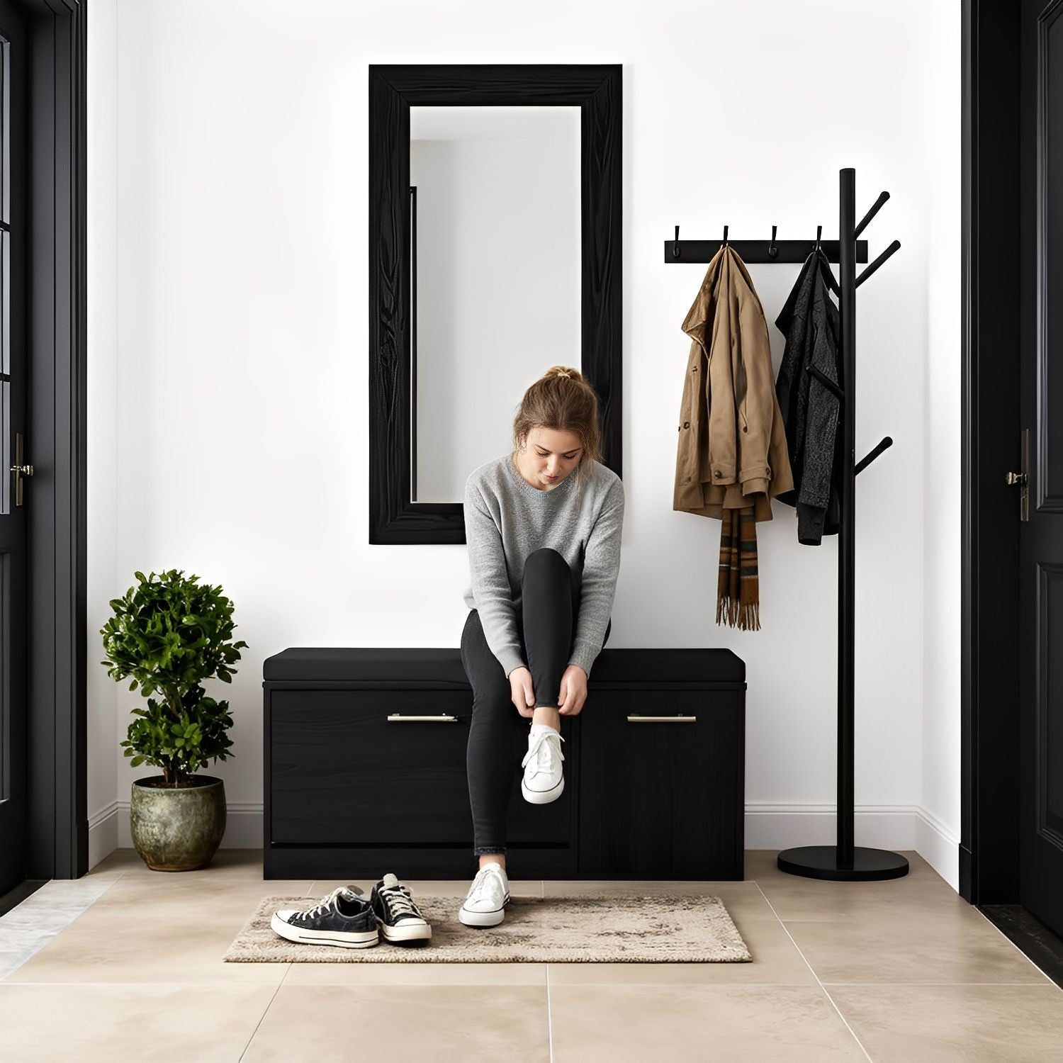 Marvin Scarpiera Panca da Ingresso con Anta Contenitore – Portascarpe Salvaspazio in Legno con Cus Nero / Cuscino Nero