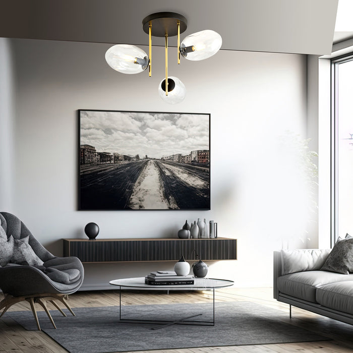 Plafoniera Contemporanea Argo 3 Luci In Acciaio Nero E Diffusori Vetro E Oro