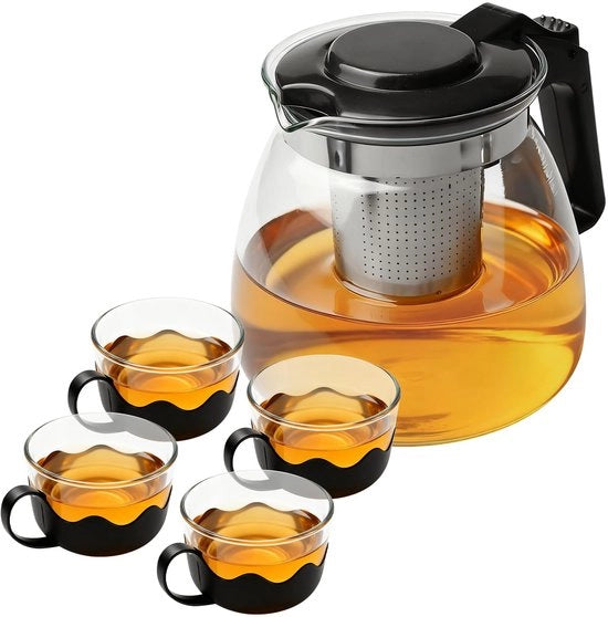 Teiera Resistentente al Calore - Teiera con Tazze - Teiera con Filtro - Teiera in Vetro - Set di Caffetteria - Vetro Resistente
