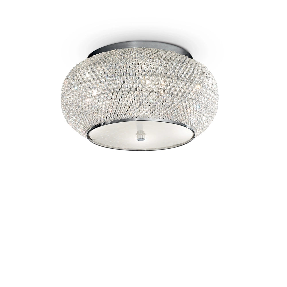 Plafoniera Contemporanea Pasha' Metallo-Cristallo Cromo 6 Luci E14