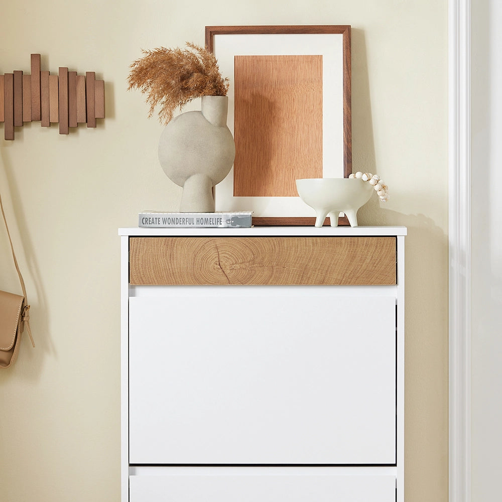SoBuy FSR205-WN Scarpiera Salvaspazio Slim Ingresso - Mobile Scarpiera con 2 Ante a Ribalta e Cassetto - Design Nordico per Ingresso Moderno - Armadio in Legno Bianco e Rovere - 61x26x91cm