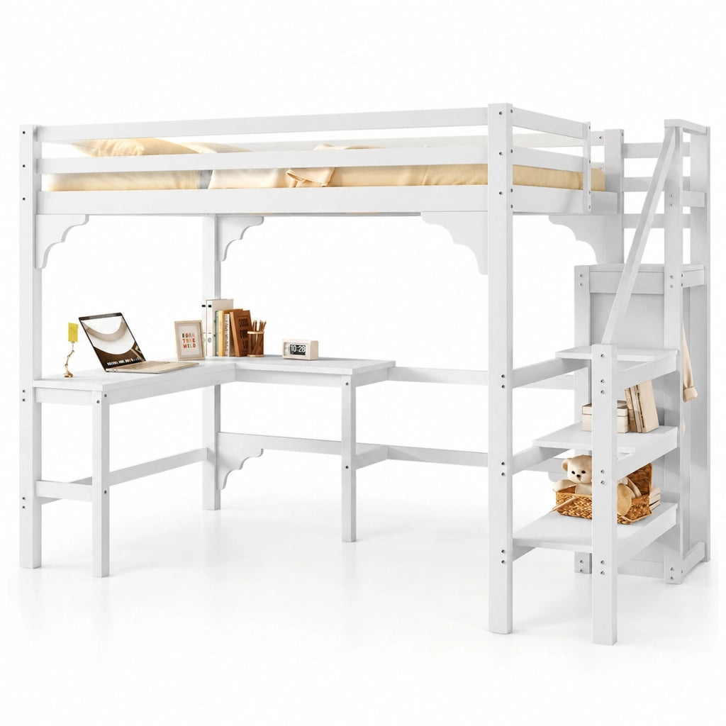 Letto a soppalco 140x200 cm con scrivania e armadio