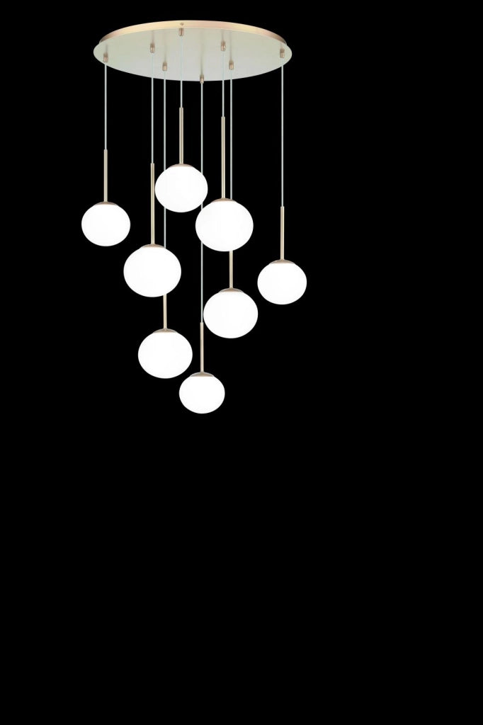 SOSPENSIONE JEWEL 8 LUCI ORO VETRO BIANCO SATINATO ATTACCO E14 VETRO D.15-17CM